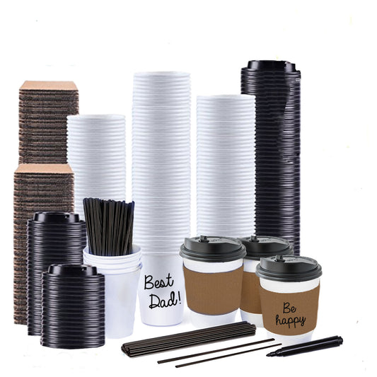 Sugarman Creations 65 Pack 12oz White Disposable Paper Coffee Cups With Black Resealable Lids, Heat Resistant Sleeves, Plastic Stirrers And Black Permanent Marker For Labeling
