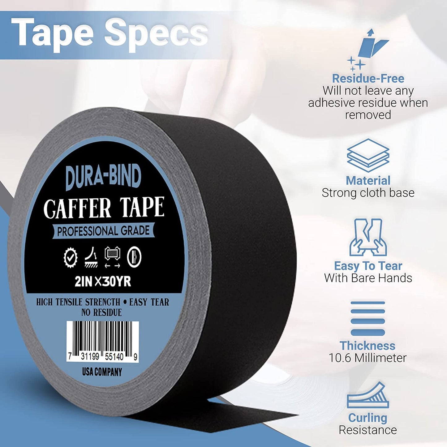 Dura-Bind Gaffer Tape, Premium Black 2 inches x 30 Yards, Matte Fabric Painters Cloth Tape, Safe for Floor Wall, Leaves No Residue, Pro Blackout Non-Reflective protapes for Electrical Cords Cable