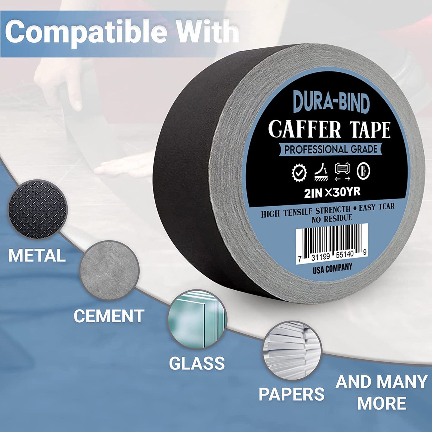Dura-Bind Gaffer Tape, Premium Black 2 inches x 30 Yards, Matte Fabric Painters Cloth Tape, Safe for Floor Wall, Leaves No Residue, Pro Blackout Non-Reflective protapes for Electrical Cords Cable