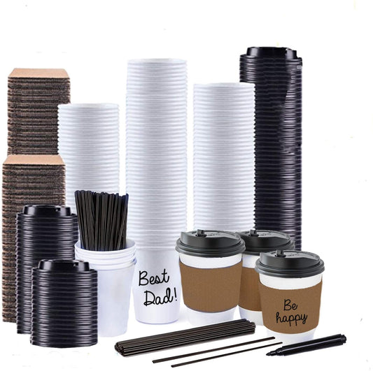 Sugarman Creations12 Ounce White Disposable Paper Coffee Cups With Black Resealable Lids, Heat Resistant Sleeves, Plastic Stirrers And Black Permanent Marker For Labeling (65)