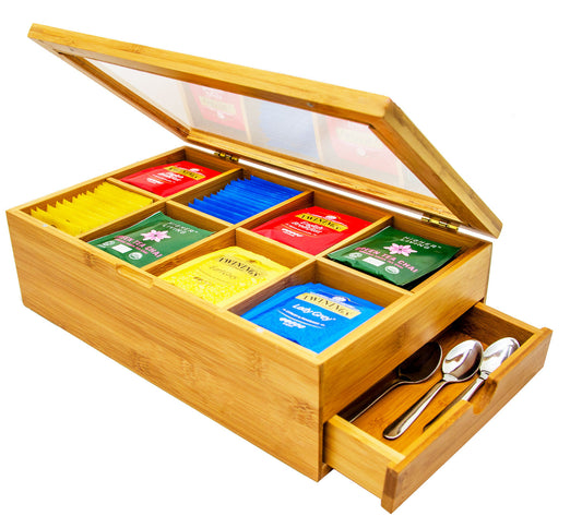 Tea Box 100% Bamboo Elegant Tea Chest With Crafted Stay Open Lid With 8 Storage Compartment & Slide Out Drawer